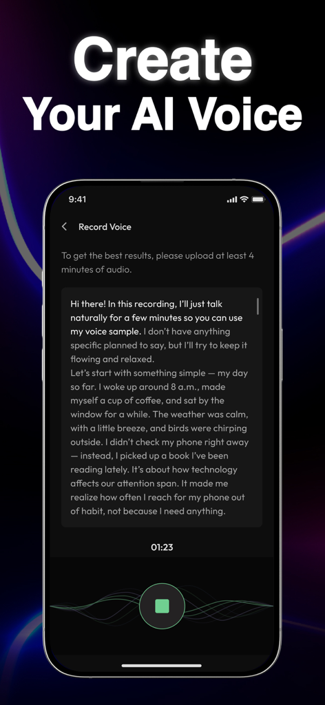 iPhone screen displaying the Record Voice feature in the Beatron app for creating a custom AI voice through speech recording.