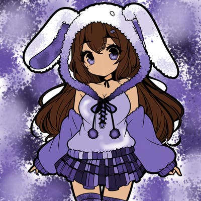 pretty anime girl wearing a fluffy hoodie with bunny ears on the hood and a skirt