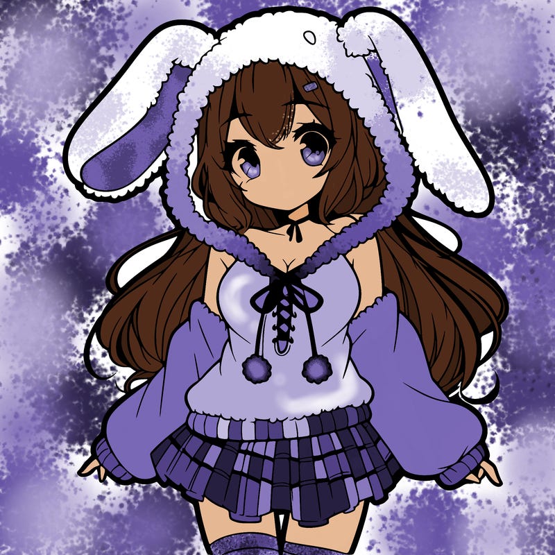 pretty anime girl wearing a fluffy hoodie with bunny ears on the hood and a skirt