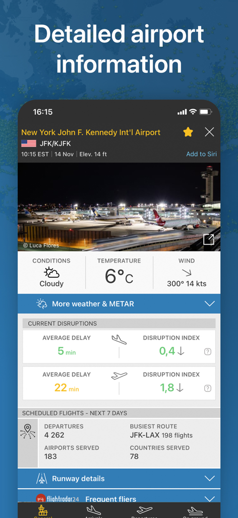 Flightradar24 mobile app interface displaying detailed information for JFK airport including weather conditions and delay statistics