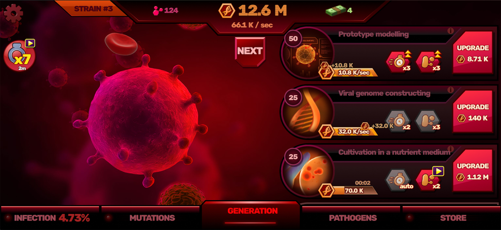 Patient Zero: Virus game - Pantalla del juego de virus Patient Zero mostrando mejoras de generación y opciones de construcción del genoma viral.