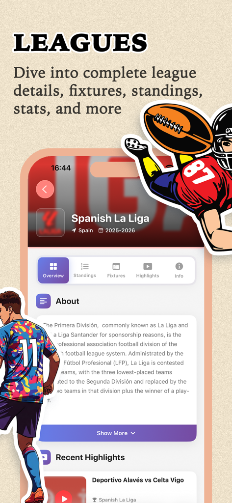 Nova Score - Nova soccer Hub - Uma captura de tela do aplicativo Nova Score mostrando informações detalhadas da La Liga espanhola, incluindo jogos, classificações e estatísticas, cercada por ilustrações esportivas.