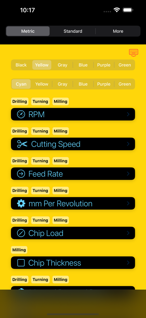 Machinist Pocket Pal mobile app interface showing various machining calculators for RPM cutting speed and feed rate