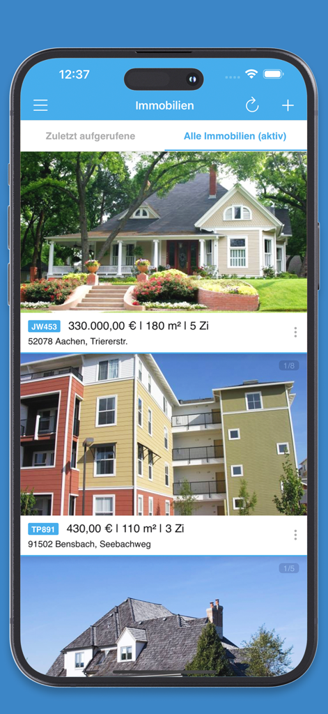 Mobile view of the onOffice app showing a list of active real estate property listings with details and photos