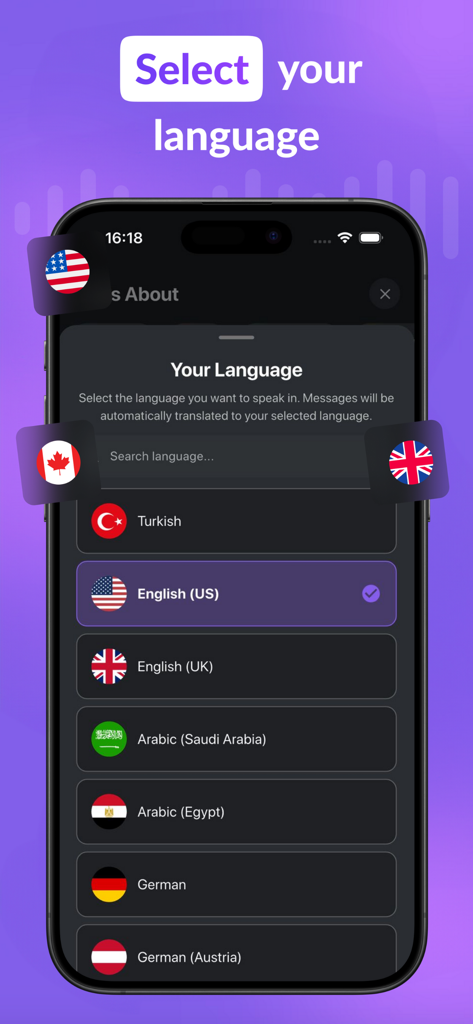 AI Live Speech Translator App - AIリアルタイム音声翻訳アプリの言語選択メニューが表示されたスマートフォンの画面。英語、ドイツ語、アラビア語のオプションがあります。