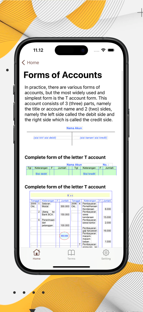 Basic Accounting Learning - A mobile app screen explaining forms of accounts and the T account structure with debit and credit examples