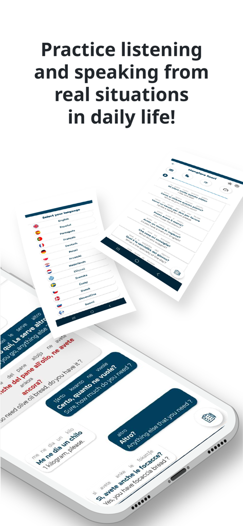 Mobile app interface for learning Italian through daily life listening and speaking dialogues