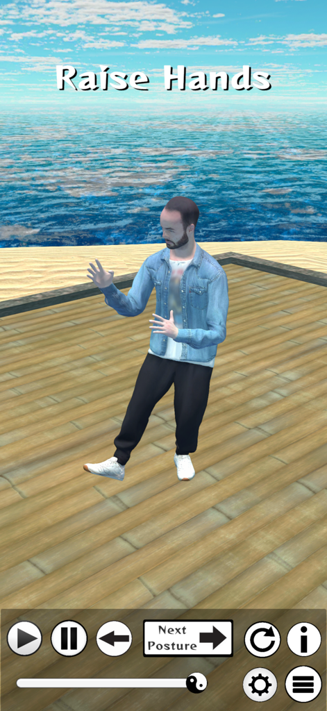 TaijiTek® - Interface do aplicativo TaijiTek mostrando um avatar 3D realizando a postura de Tai Chi Levantar as Mãos em um deck de madeira à beira-mar.