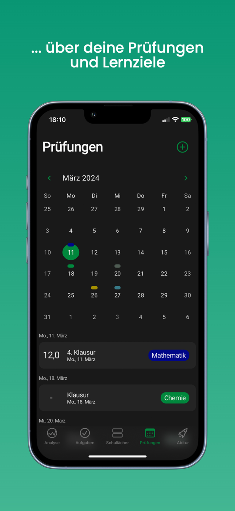 AbiPlaner mobile app screen showing a monthly calendar with scheduled exams and grades for Mathematics and Chemistry