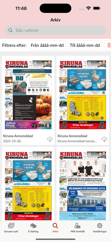 Kiruna Annonsblad - Kiruna Annonsblad mobile app archive screen showing several digital newspaper covers