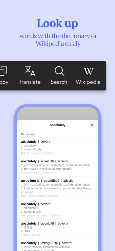 Kobo Books & Audiobooks - Un'interfaccia mobile che mostra definizioni del dizionario e opzioni di ricerca su Wikipedia all'interno dell'app Kobo Books