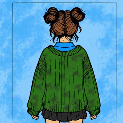 girl in a over sized sweater with cute space buns and shirt back hair