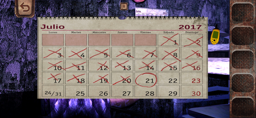 Um quebra-cabeça de calendário de julho de 2017 mostrando datas riscadas e o vigésimo primeiro dia circulado em vermelho em Escape Ship Adventure