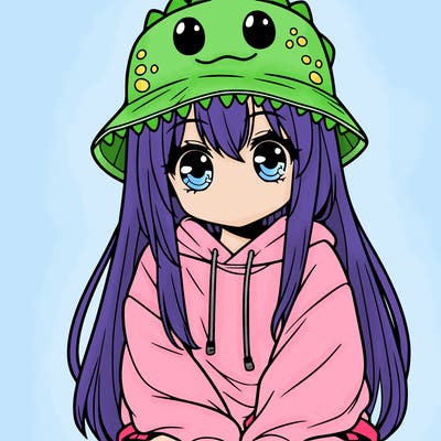girl with anime shaped eyes with a dinosaur bucket hat oversized sweatshirt long straight hair