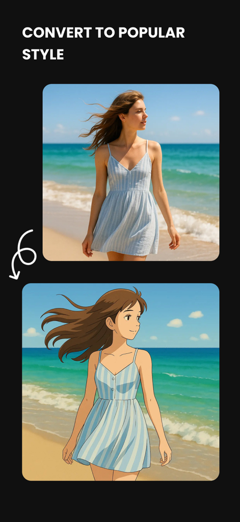 PixAI - Image Generator - A comparison showing a real photo of a woman on a beach converted into a stylized anime illustration