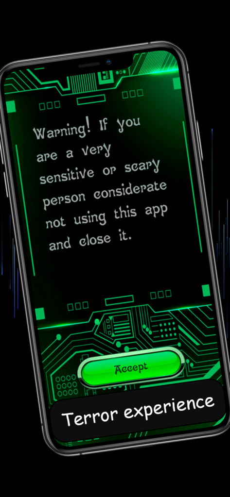 Ein grüner digitaler Schaltkreis-Motiv-Warnbildschirm auf einem Mobiltelefon für die Geisterdetektor-App mit einer Warnung für sensible Benutzer.