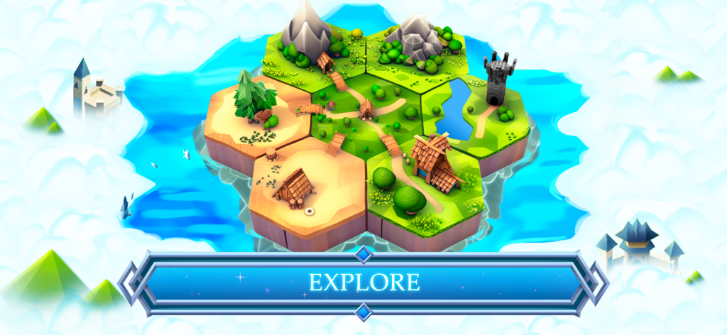 A stylized low-poly hex grid map from the Hexapolis strategy game showing different terrains and buildings
