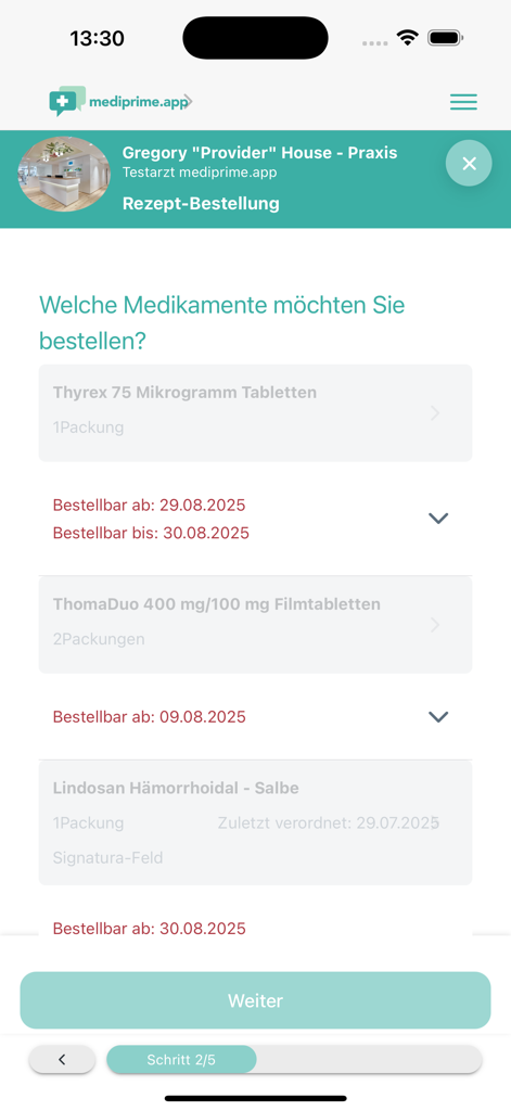 mediprime.app - Benutzeroberfläche der mediprime App zur Anforderung von Nachfüllungen von ärztlichen Rezepten