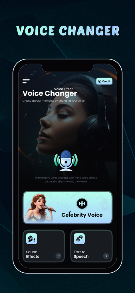 AI Voice Changer Funny Effects - AI Voice Changer app home screen showing options for celebrity voice and text to speech