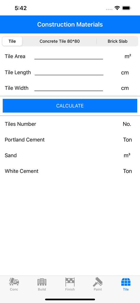 Construction Calculator Pro+ - Pantalla de estimación de azulejos de la aplicación Construction Calculator Pro que muestra las entradas de cálculo de materiales