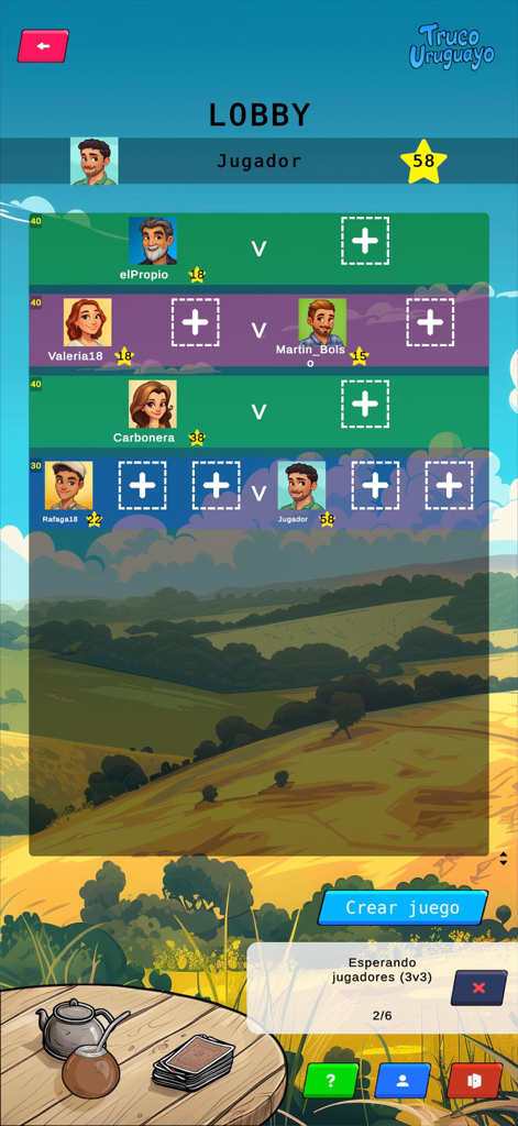 Truco Uruguayo ! - Interfaz de sala de espera del juego Truco Uruguayo que muestra salas de partidas online y un mate tradicional sobre una mesa de madera