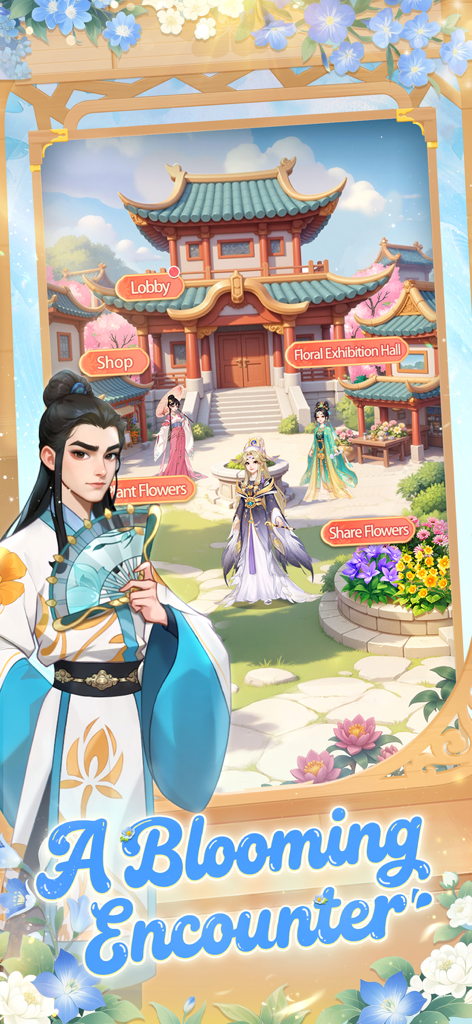 My Garden Tale - Personagens em um pátio chinês tradicional com decorações florais e botões de menu interativos em My Garden Tale.
