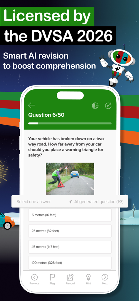 Driving Theory Test 4 in 1 Kit - A screenshot of the Driving Theory Test 4 in 1 Kit showing a practice question about warning triangles licensed by the DVSA with AI revision features.