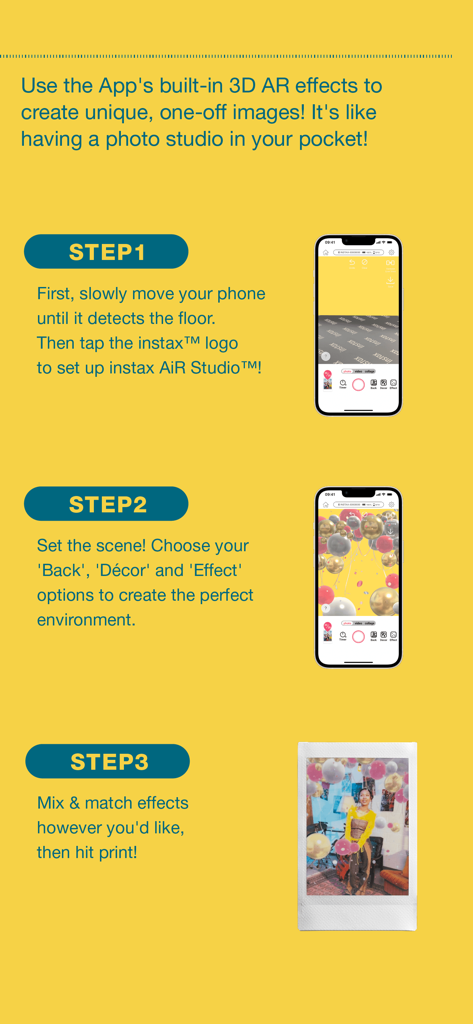 A three step tutorial for using the instax AiR Studio feature to add 3D AR effects to photos