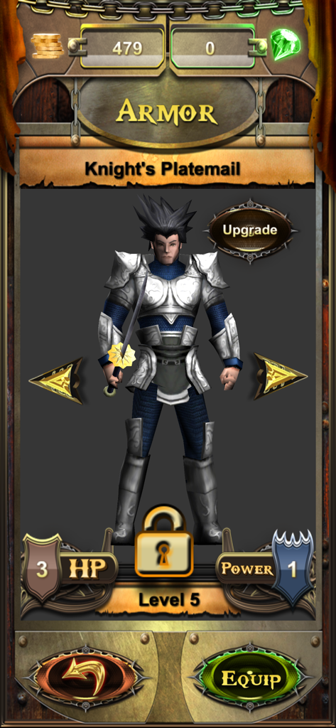 Endless Run Magic Stone - Endless Run Magic Stone character customization screen showing a male warrior in Knight's Platemail armor