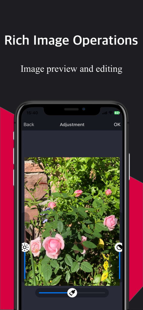 Interfaz de la aplicación Unzip mostrando la vista previa y las herramientas de edición de imágenes con una foto de rosas rosas