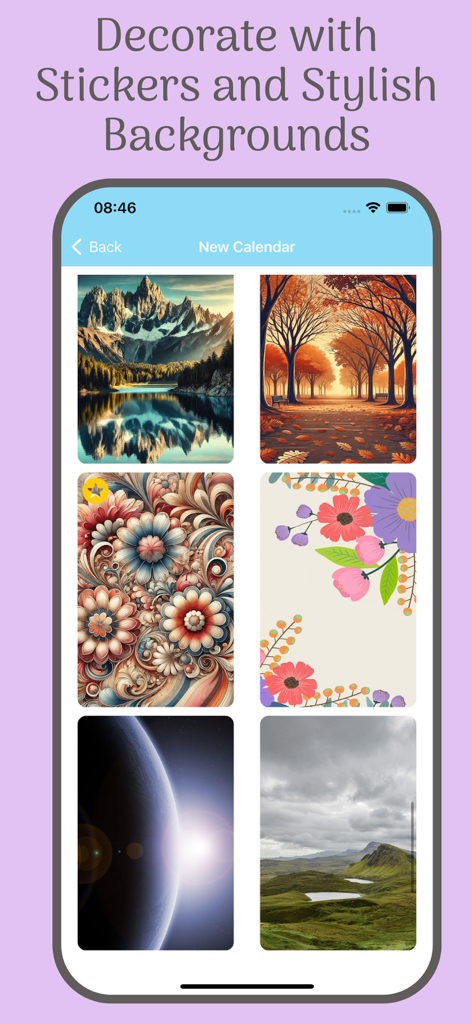 Create Calendar With Photos - Pantalla de smartphone que muestra varias opciones de fondo elegantes para una aplicación de calendario de fotos personalizada