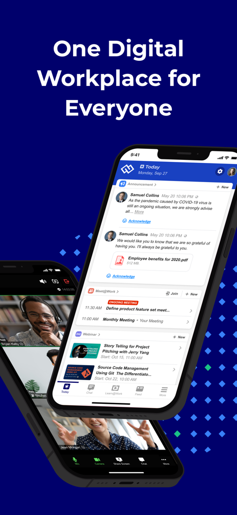 eUnite @work app interface showing video meetings, corporate announcements, and scheduled webinars on smartphones