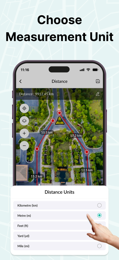 GPS Area Measure Map - Seleccionando unidades de medida de distancia en la interfaz de la aplicación GPS Area Measure Map mostrando un mapa satelital.