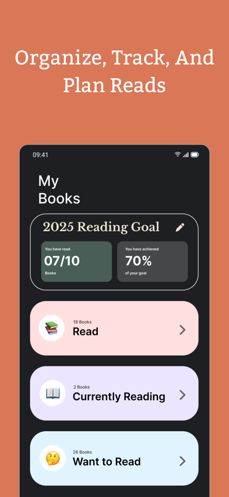 2Read: AI Kindle Reading Buddy - El panel Mis Libros de la aplicación 2Read que muestra los objetivos de lectura anuales y las listas de libros categorizadas.