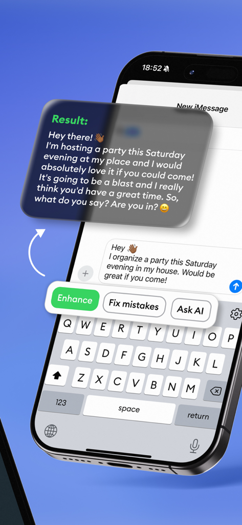 Interface de l'application AiText montrant la fonction AI Enhance transformant un brouillon simple en un message professionnel et engageant.