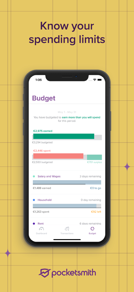 PocketSmith Sidekick - Smartphone screen displaying the PocketSmith Sidekick app budget tracking interface with categorized spending bars