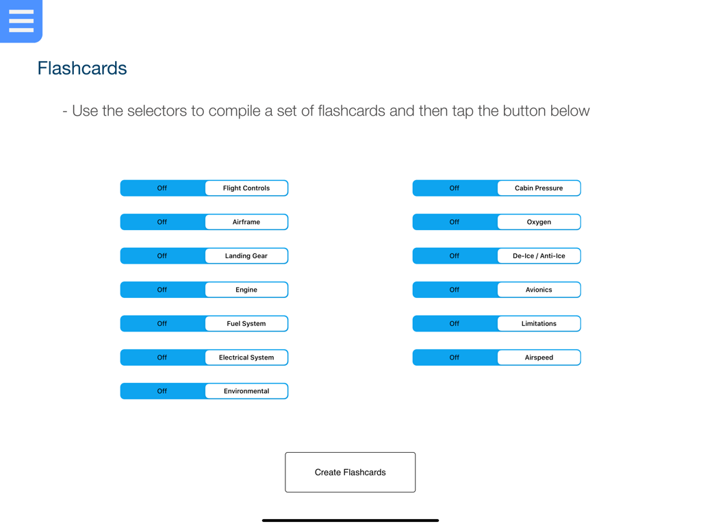 Pilatus PC-12 NG Training Aid - Flashcard creation screen with various aircraft system selectors for Pilatus PC-12 NG pilot training.