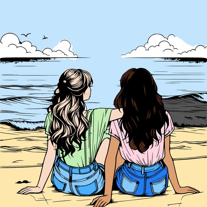 realistic  girls sitting on the beach together on a beach sunset