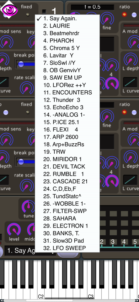 Dexed Synth - A dropdown menu showing a list of 32 sound patches in the Dexed Synth mobile app
