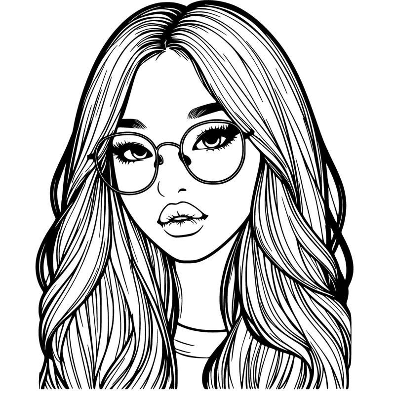 realistic korean girl with long hair, glasses and big lips