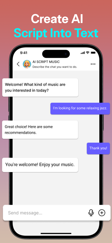 Music AI - Music Composer - Una pantalla de smartphone que muestra la interfaz de chat de la aplicación Music AI donde un usuario solicita jazz relajante y recibe recomendaciones de IA.