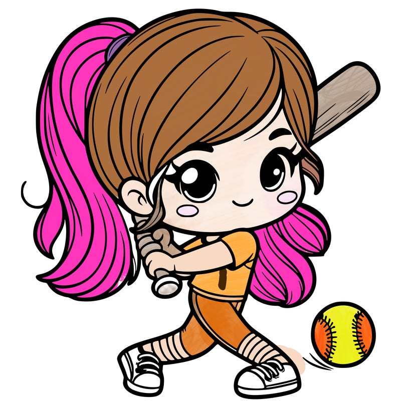 cute girl playing softball swinging a bat with her hair in a pony tail