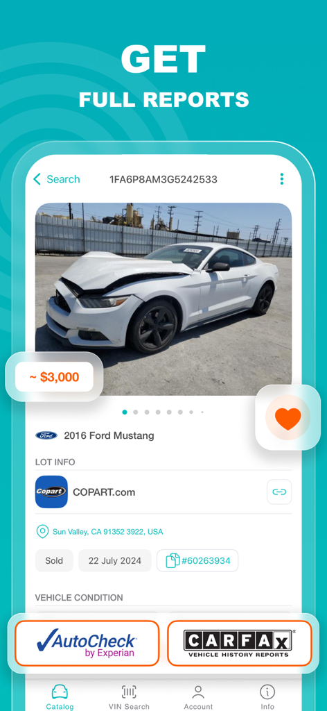 VIN PRO Check Used Car History - VIN PRO app interface showing a detailed vehicle history report for a 2016 Ford Mustang with auction data