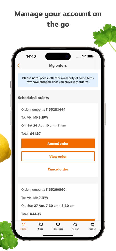 Sainsburys Groceries app scheduled orders management screen