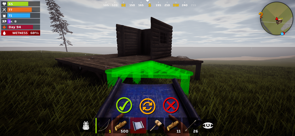 Just Survival Multiplayer - First person view of a player building a wooden base using a blueprint in Just Survival Multiplayer