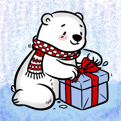 polar bear wrapping a present