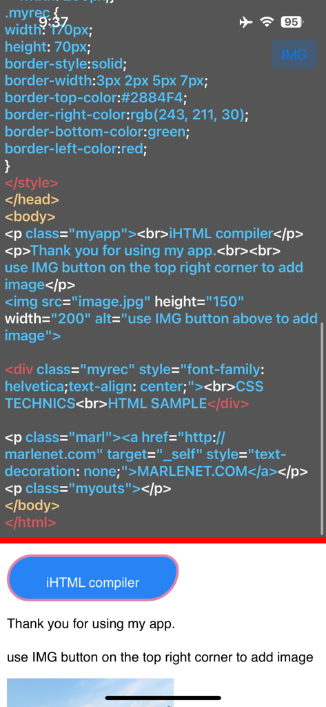 iHTML Compiler - Interface of iHTML Compiler app showing a code editor on top and a live preview at the bottom.