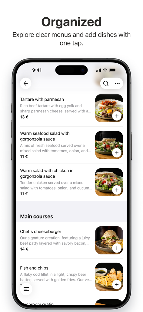 GlobalTips Guest - Digital restaurant menu interface on the GlobalTips Guest app showing various food dishes with prices and add buttons
