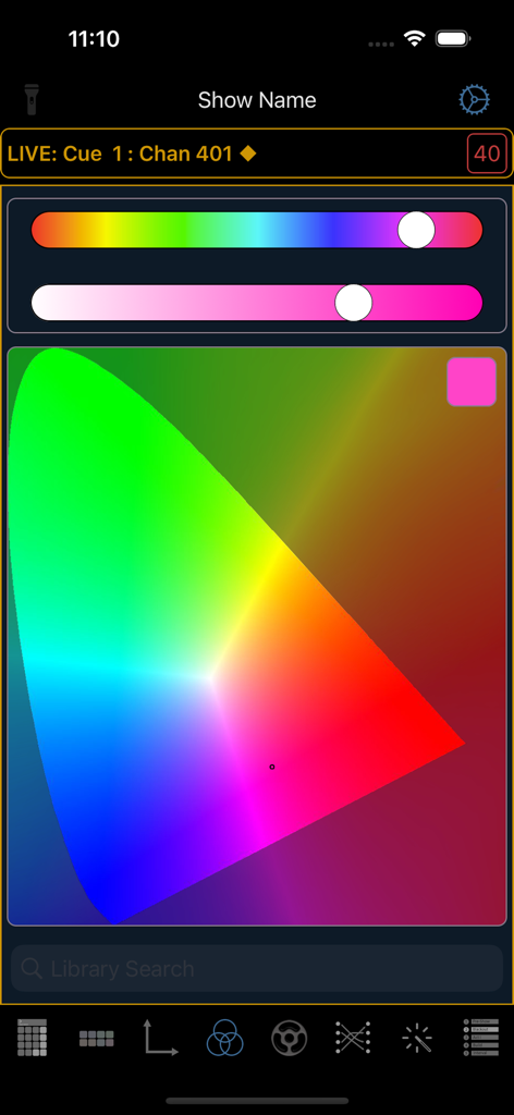 Eos Remote - Eos Remote app color picker interface featuring a chromaticity diagram and lighting control sliders