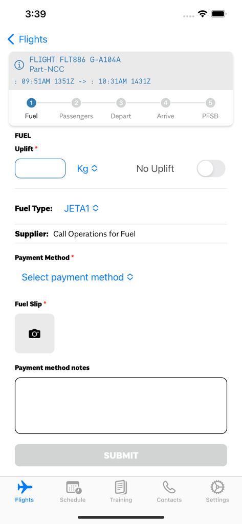 A flight crew application interface showing a fuel management form for logging fuel uplift, type, and payment details.